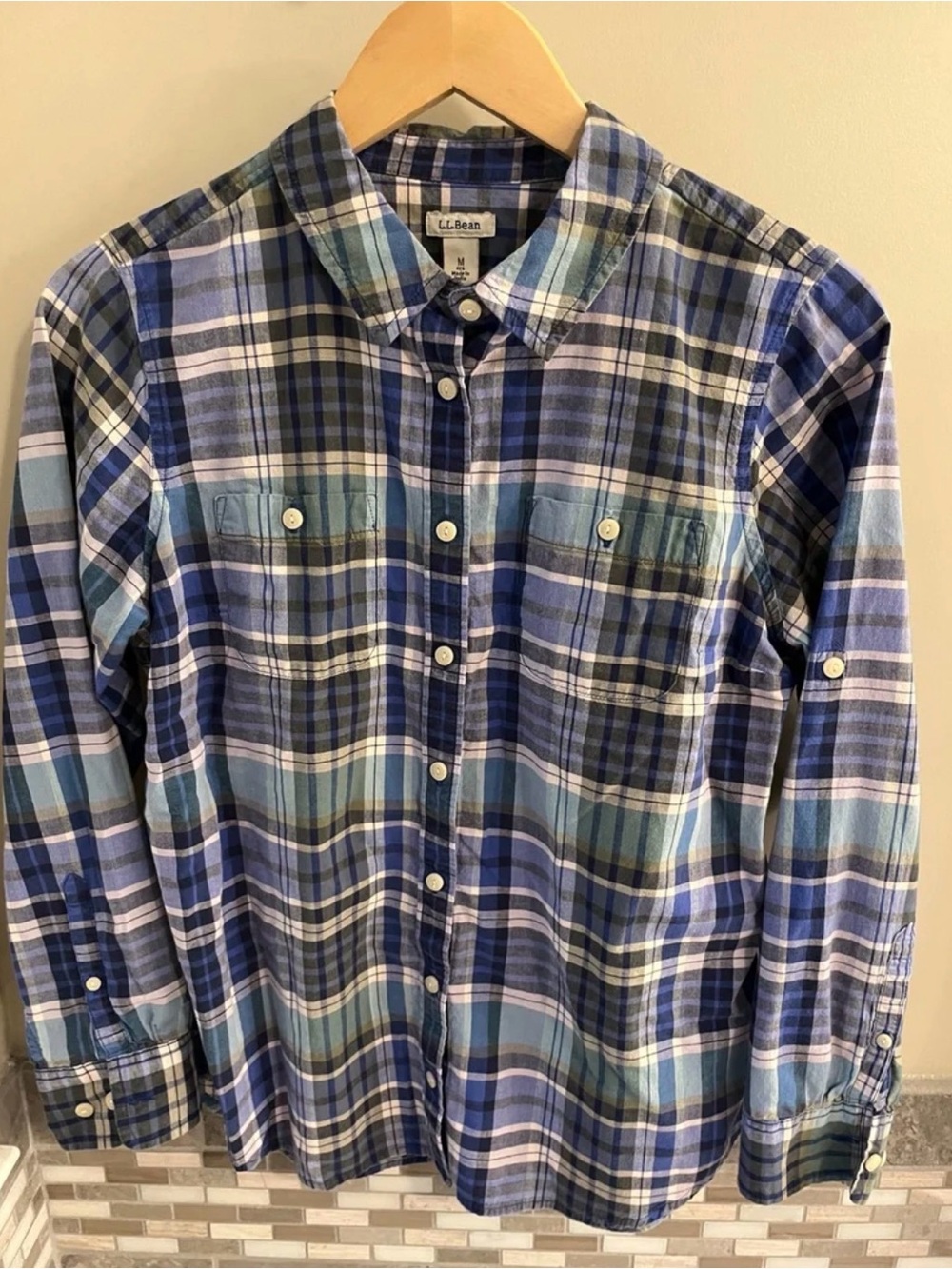 L.L. Bean Cotton Button Shirt Women’s MED Long/Short Sleeve Blue Aqua Plaid EUC